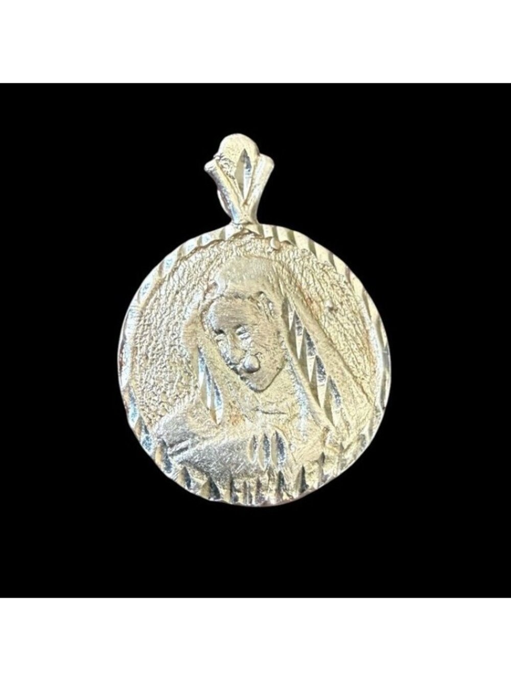 14K Yellow Gold Virgin Mary Pendant Round Religious Medal Charm Diamond Cut 1.9g